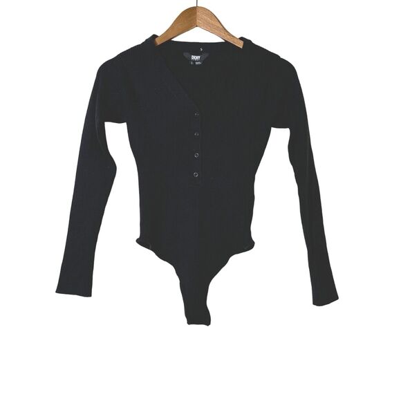 DKNY Black Ribbed Henley Long-Sleeve Bodysuit Button Front Size Medium - Picture 3 of 8